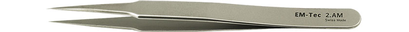 50-001015-EM-tec 2AM.jpg EM-Tec 2.AM high precision tweezers, style 2, flat, sharp fine tips, anti-magnetic stainless steel